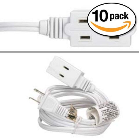 Otimo (10 Pack) 9Ft 3-Outlet Power Extension Cord White 16AWG/2