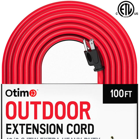 Otimo 100 ft 12/3 Outdoor Extra Heavy Duty Extension Cord - 3 Prong Extension Cord, Red