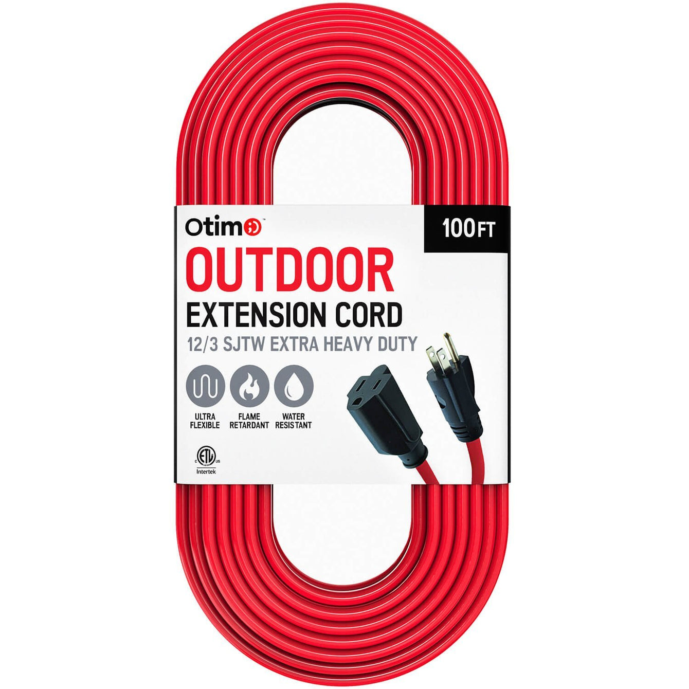 Otimo 100 ft 12/3 Outdoor Extra Heavy Duty Extension Cord - 3 Prong Extension Cord, Red