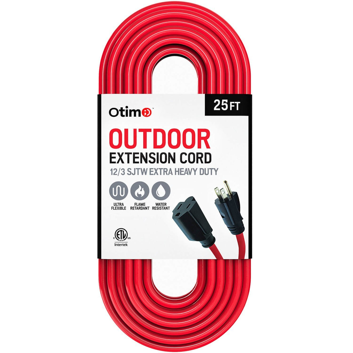 Otimo 25 ft 12/3 Outdoor Extra Heavy Duty Extension Cord - 3 Prong Extension Cord, Red